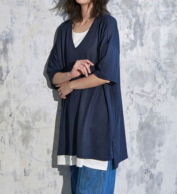 RANAN（ラナン）の「レイヤード風ニットソー半袖チュニック（チュニック）」｜詳細画像