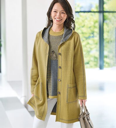 配色使いフードニットジャケットアンサンブル - ベルーナ【公式】