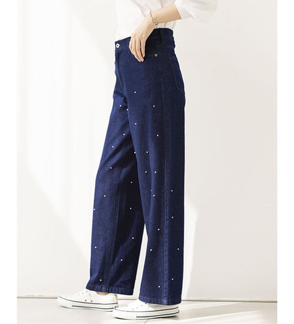 終わった栄造出品 コーデの主役！パールデザインデニムワイドパンツ - ベルーナ