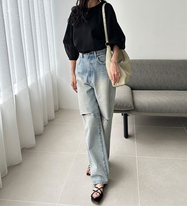 GeeRA（ジーラ）の「袖シアー切替ランタンスリーブトップス（カットソー）」｜詳細画像