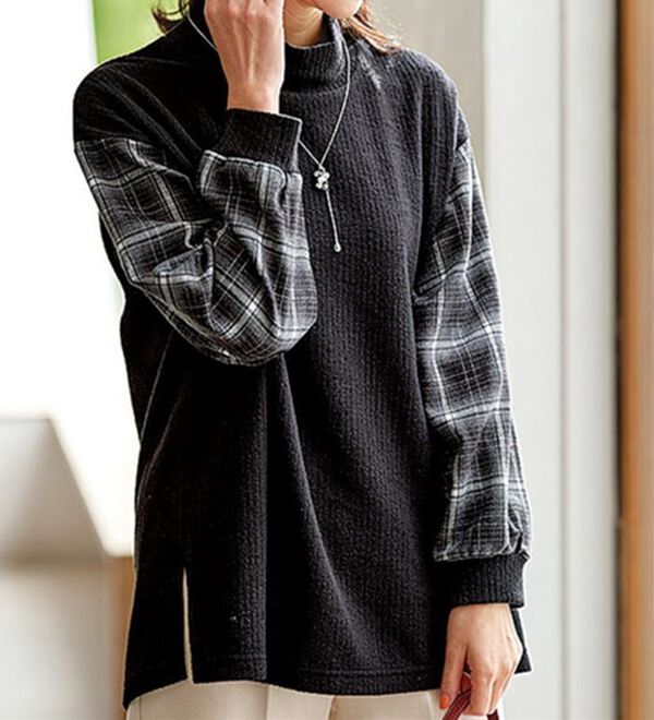 BELLUNA（ベルーナ）の「袖チェック切替デザインプルオーバー（カットソー）」｜黒系