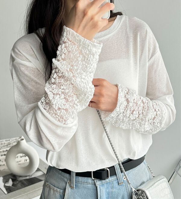 GeeRA（ジーラ）の「袖レーススラブシアーカットソー（カットソー）」｜オフホワイト