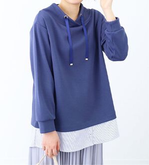 BELLUNA（ベルーナ）の「ワイドネックデザインシャツ切替チュニック（チュニック）」｜ブルー／ストライプ