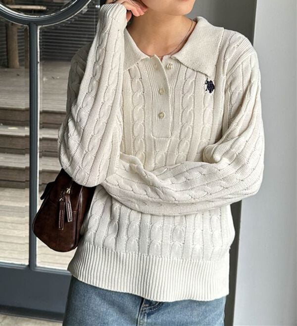 RANAN（ラナン）の「＜Ｕ．Ｓ．Ｐ＞刺繍長袖ケーブルポロニット（ニット・セーター）」｜詳細画像