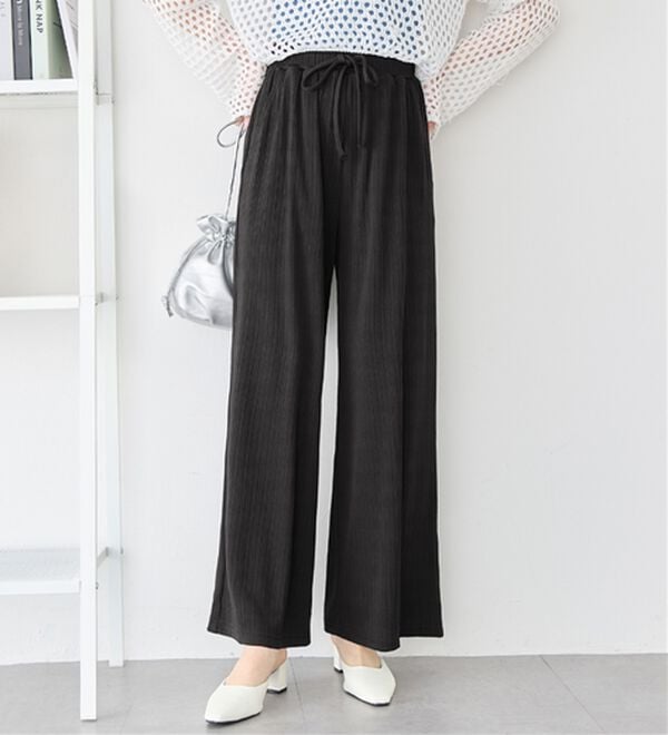 alotta（アロッタ）の「【選べる丈】のびのびストレッチリブワイドパンツ（クロップドパンツ）」｜ブラック フルレングス丈