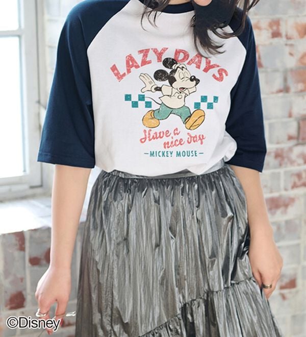 Disney＞【ミッキー】プリント7分丈ラグランTシャツ