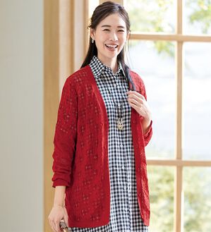 ルフラン（ルフラン）の「リネンタッチの透かし編みカーディガン（その他ジャケット）」｜赤