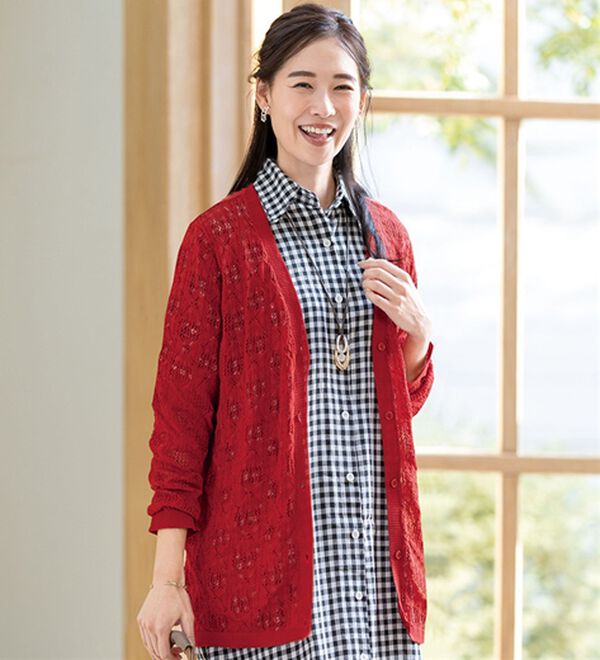 ルフラン（ルフラン）の「リネンタッチの透かし編みカーディガン（その他ジャケット）」｜赤