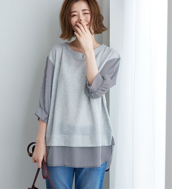 BELLUNA（ベルーナ）の「ラメ調素材シャツフェイクチュニック（チュニック）」｜杢グレー