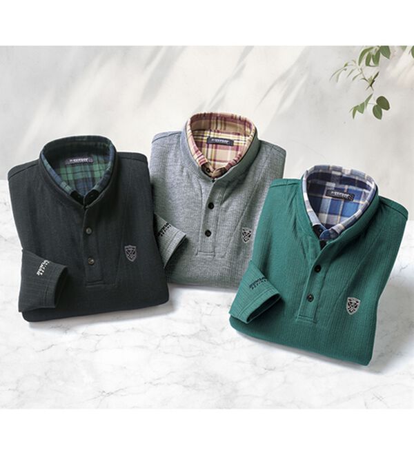 「＜ダンロップ・リファインド＞フェイクレイヤードスタンド衿トレーナー（メンズトレーナー）」｜詳細画像