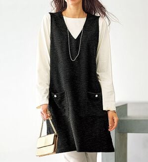 BELLUNA（ベルーナ）の「ジャカード素材ジャンスカアンサンブル（アンサンブル）」｜ツイード調(黒)