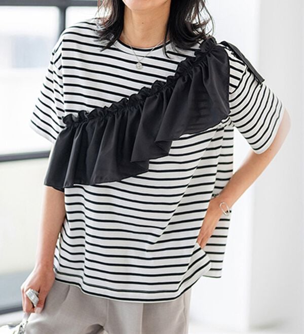 BELLUNA（ベルーナ）の「UVカット！フリル異素材切替プルオーバー（Tシャツ）」｜詳細画像