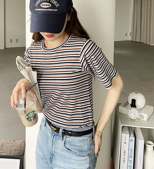 GeeRA（ジーラ）の「マルチボーダー５分袖リブカットソー（カットソー）」｜詳細画像