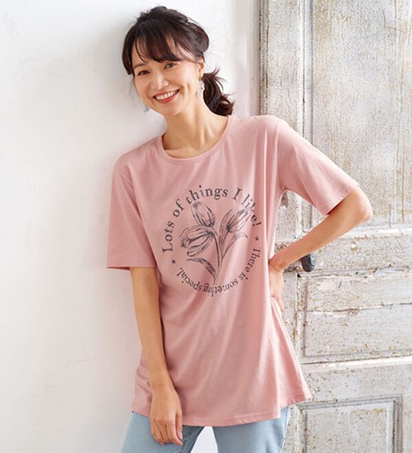 BELLUNA（ベルーナ）の「綿１００％プリントＴシャツ（Tシャツ）」｜ピンク・サークルロゴ