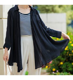 「スラブ素材ドレープシャツチュニック（チュニック）」｜ネイビー