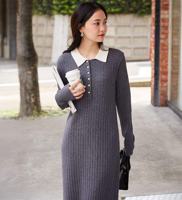 ★Rene ★ ニットワンピース ポロカラーリブニットワンピース - ベルーナ【公式】