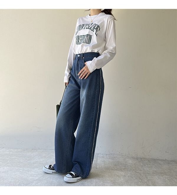 GeeRA（ジーラ）の「サイドラインワイドデニムパンツ（フルレングスパンツ）」｜詳細画像