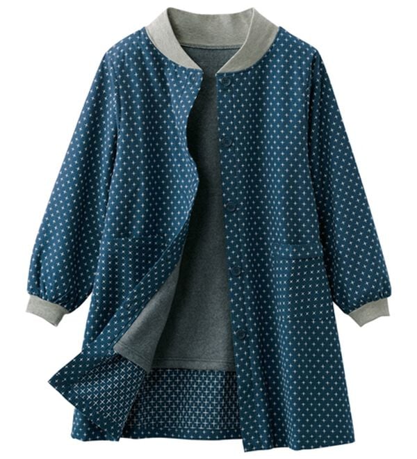 LAVIENNE（ラヴィエンヌ）の「刺し子風柄前開きあったかかっぽうチュニック（パジャマ・ルームウェア）」｜ネイビー