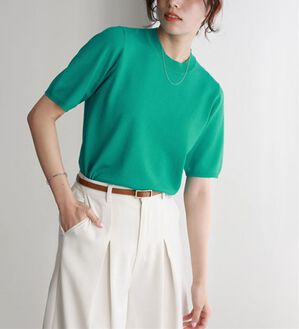Pierrot（ピエロ）の「【洗濯機で洗える】【ＵＶカット】シルクタッチ半袖ニット（ニット・セーター）」｜グリーン