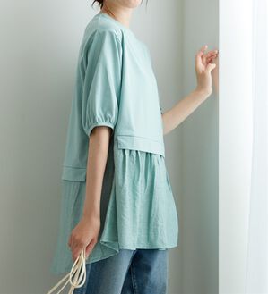 BELLUNA（ベルーナ）の「ギャザー使い異素材切替ふんわりチュニック（チュニック）」｜セージ