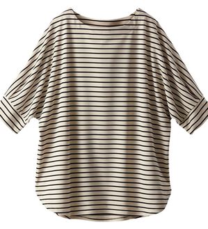 BELLUNA（ベルーナ）の「リップル素材ゆったりボーダープルオーバー（カットソー）」｜ベージュ／黒