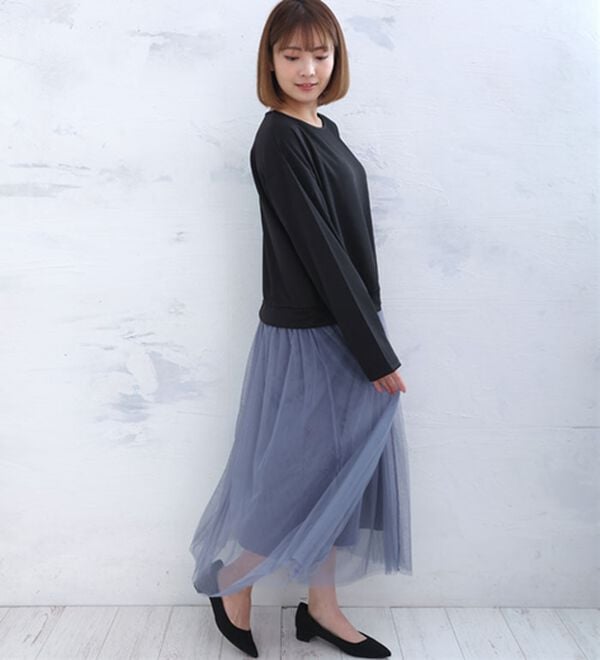 A HAPPY MARILYN（アハッピーマリリン）の「【Ｌ～６Ｌ】ゆるっと着られるチュールスカートドッキングワンピース（ドッキングワンピース）」｜詳細画像