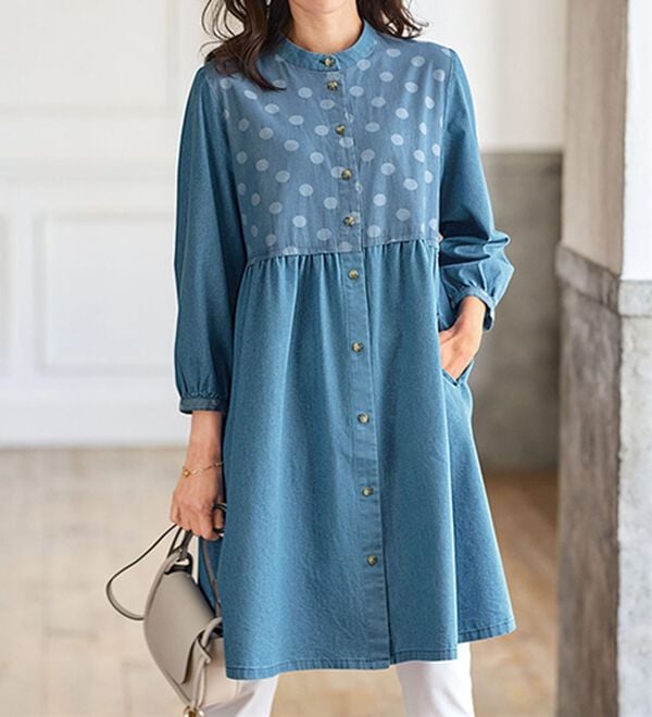 BELLUNA（ベルーナ）の「デニム素材ドットジャカード切替チュニック（チュニック）」｜ブルー系