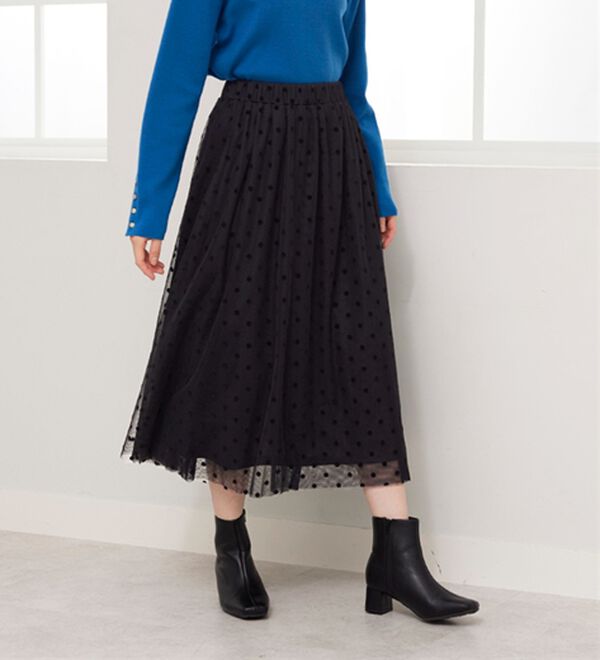 BELLUNA（ベルーナ）の「ドットフロッキーチュール重ねスカート（ロングスカート）」｜詳細画像