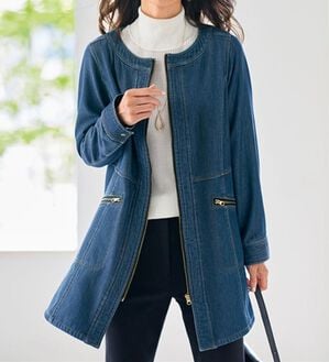 BELLUNA（ベルーナ）の「デニムボンディングノーカラーデザインコート（ハーフコート）」｜インディゴ