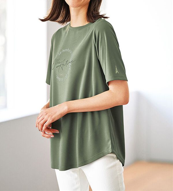 BELLUNA（ベルーナ）の「＜ＥＬＬＥ　Ａｃｔｉｖｅ＞裏メッシュ裾ラウンドチュニック（チュニック）」｜オリーブ
