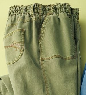 ルフラン（ルフラン）の「配色ステッチ使い柔らかカラーデニムパンツ（フルレングスパンツ）」｜カーキ