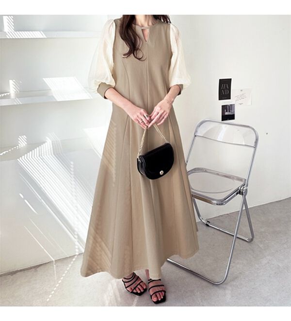 GeeRA（ジーラ）の「袖楊柳シアー美ラインワンピース（カットソーワンピース）」｜詳細画像