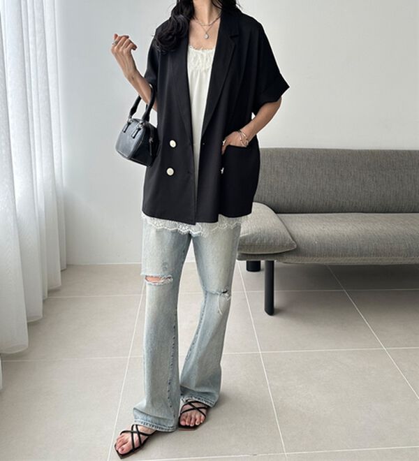 GeeRA（ジーラ）の「リネン調半袖ダブルジャケット（テーラードジャケット）」｜詳細画像