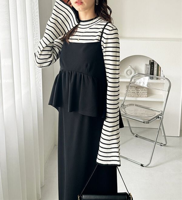 GeeRA（ジーラ）の「楽ちん！ペプラムキャミワンピース（カットソーワンピース）」｜ブラック