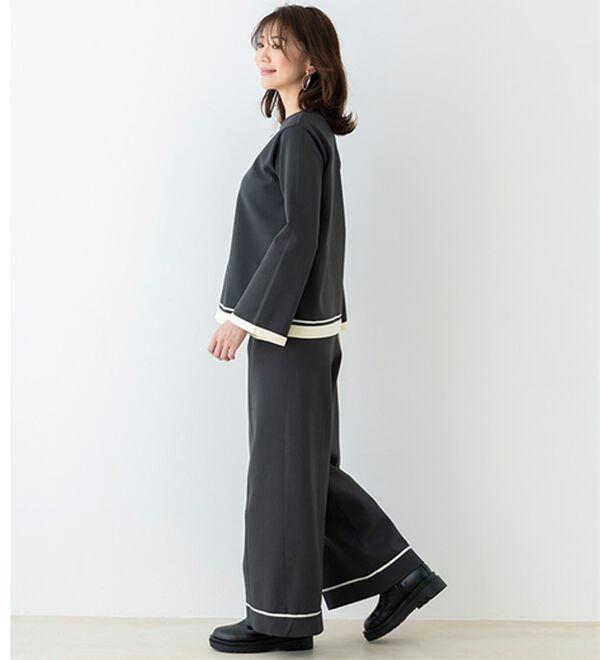 BELLUNA（ベルーナ）の「配色ライン使いニットワイドパンツ（ワイドパンツ・ガウチョ）」｜詳細画像