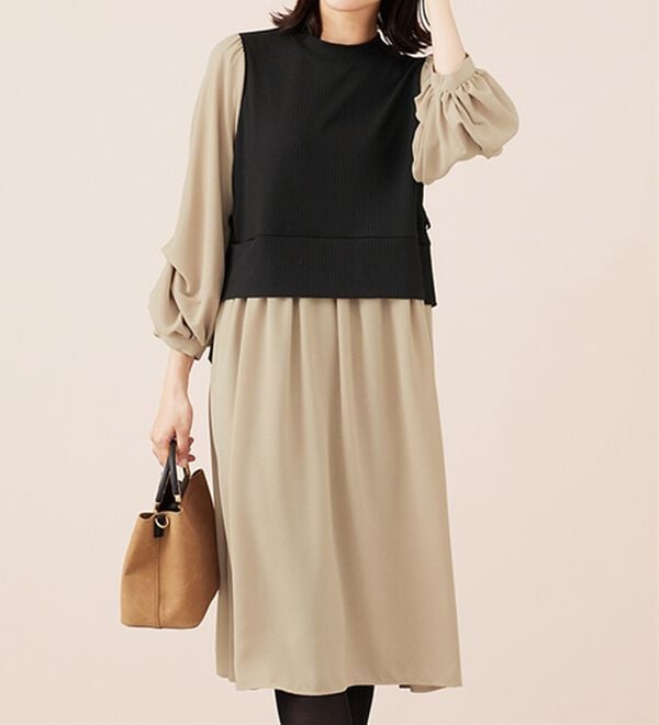 BELLUNA（ベルーナ）の「袖タックデザイン異素材切替ワンピース（その他ワンピース）」｜詳細画像