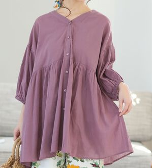 A HAPPY MARILYN（アハッピーマリリン）の「【Ｌ～６Ｌ】【風通るプレミアム】綿・楊柳、七分袖ウエストギャザーブラウス。（ブラウス）」｜プラム