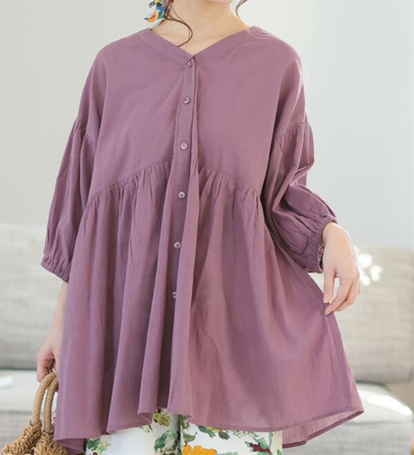 A HAPPY MARILYN（アハッピーマリリン）の「【Ｌ～６Ｌ】【風通るプレミアム】綿・楊柳、七分袖ウエストギャザーブラウス。（ブラウス）」｜プラム