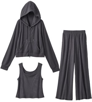 YU'NOW（ユナウ）の「【３点セット】＜ショートパーカータイプ＞ワッフルルームウェアセット（パジャマ・ルームウェア）」｜チャコールグレー