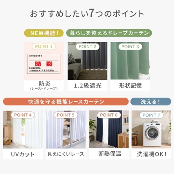 iellio（イエリオ）の「防炎＆１・２級遮光＆断熱保温＆ＵＶ見えにくいレース付カーテンセット＜４枚組・防炎・遮光１級・洗える・無地・レースカーテン＞（ドレープカーテン）」｜詳細画像