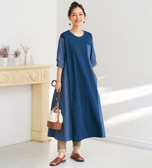 BELLUNA（ベルーナ）の「デニム切替ワンピース（カットソーワンピース）」｜インディゴ