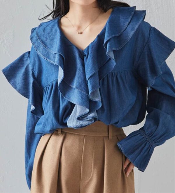 RANAN（ラナン）の「ビッグカラーフリルデニムブラウス（ブラウス）」｜ネイビー