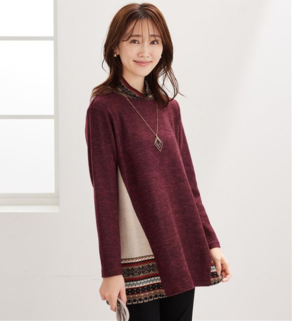 BELLUNA（ベルーナ）の「杢調サイド切替ノルディックチュニック（チュニック）」｜ボルドー