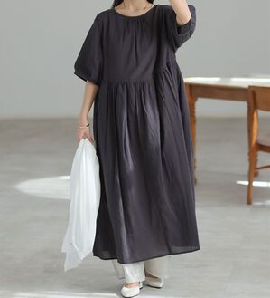 A HAPPY MARILYN（アハッピーマリリン）の「【Ｌ～６Ｌ】【風通るプレミアム】綿　楊柳　五分袖　ウエスト切替ワンピース（カットソーワンピース）」｜チャコール