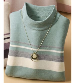 BELLUNA（ベルーナ）の「洗える！メリノウール１００％ハイネックセーター（ニット・セーター）」｜ミント系ボーダー
