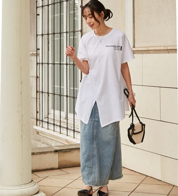 RANAN（ラナン）の「【ひんやり】ロゴプリントチュニックTシャツ（Tシャツ）」｜詳細画像