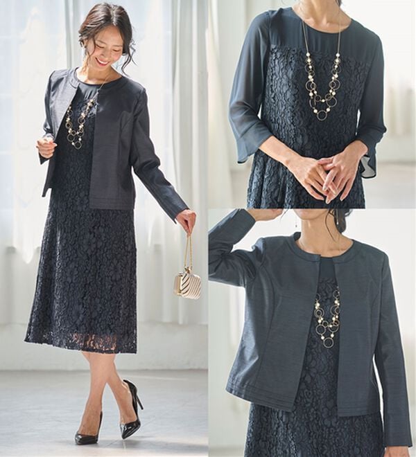 BELLUNA（ベルーナ）の「シャンタン素材ノーカラージャケットレースワンピースアンサンブル（ワンピースセットスーツ）」｜詳細画像