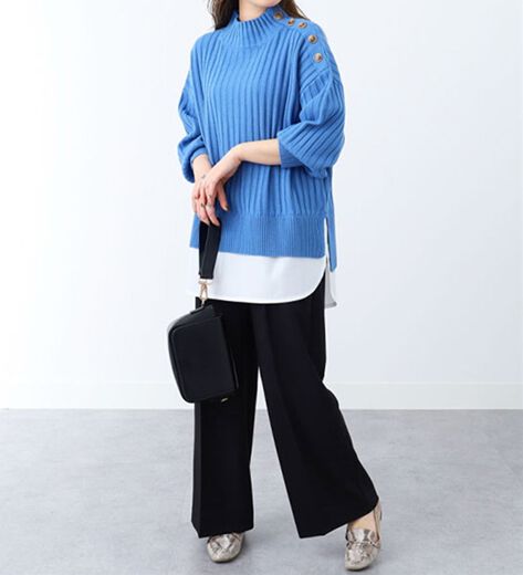 重ね着風ニットチュニック ブルー チュニック ストレートネック チュニック 青 レディース 婦人服 ミセス シニア 女性 無地 シンプル 上品 きれいめ 大人 シンプル ポケット 体型カバー シニアファッション 40代 50代 60代 70代 80代 母の日 お母さん 秋冬　nss　p26452 重ね着風ニットチュニック ブルー チュニック ストレートネック