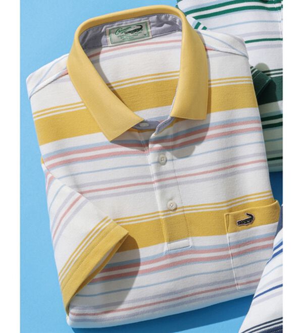 「＜クロコダイル＞マルチボーダーポロシャツ（メンズポロシャツ）」｜イエロー