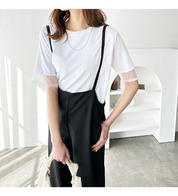 GeeRA（ジーラ）の「綿１００％袖シアー切替シルケットＴシャツ（Tシャツ）」｜詳細画像